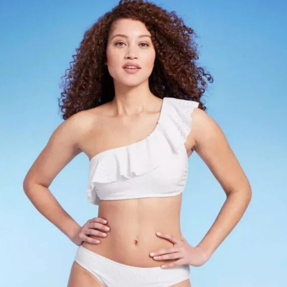 Women's‎ Eyelet Ruffle One Shoulder Bikini Top Asymmetrical - Kona Sol White S